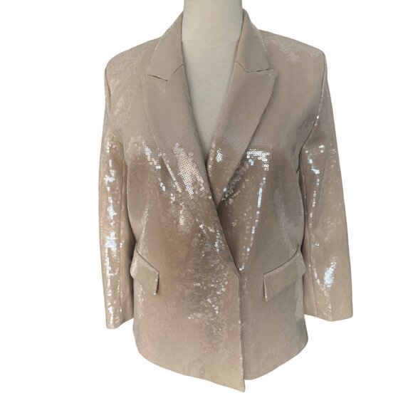 H&M Size L NEW Beige Sequined Glam Rock Party Peak Lapel Blazer Jacket - Picture 2 of 16
